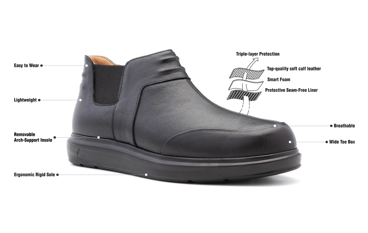 Chelsea men's wide fit orthopaedic boots with labelled fit and construction features