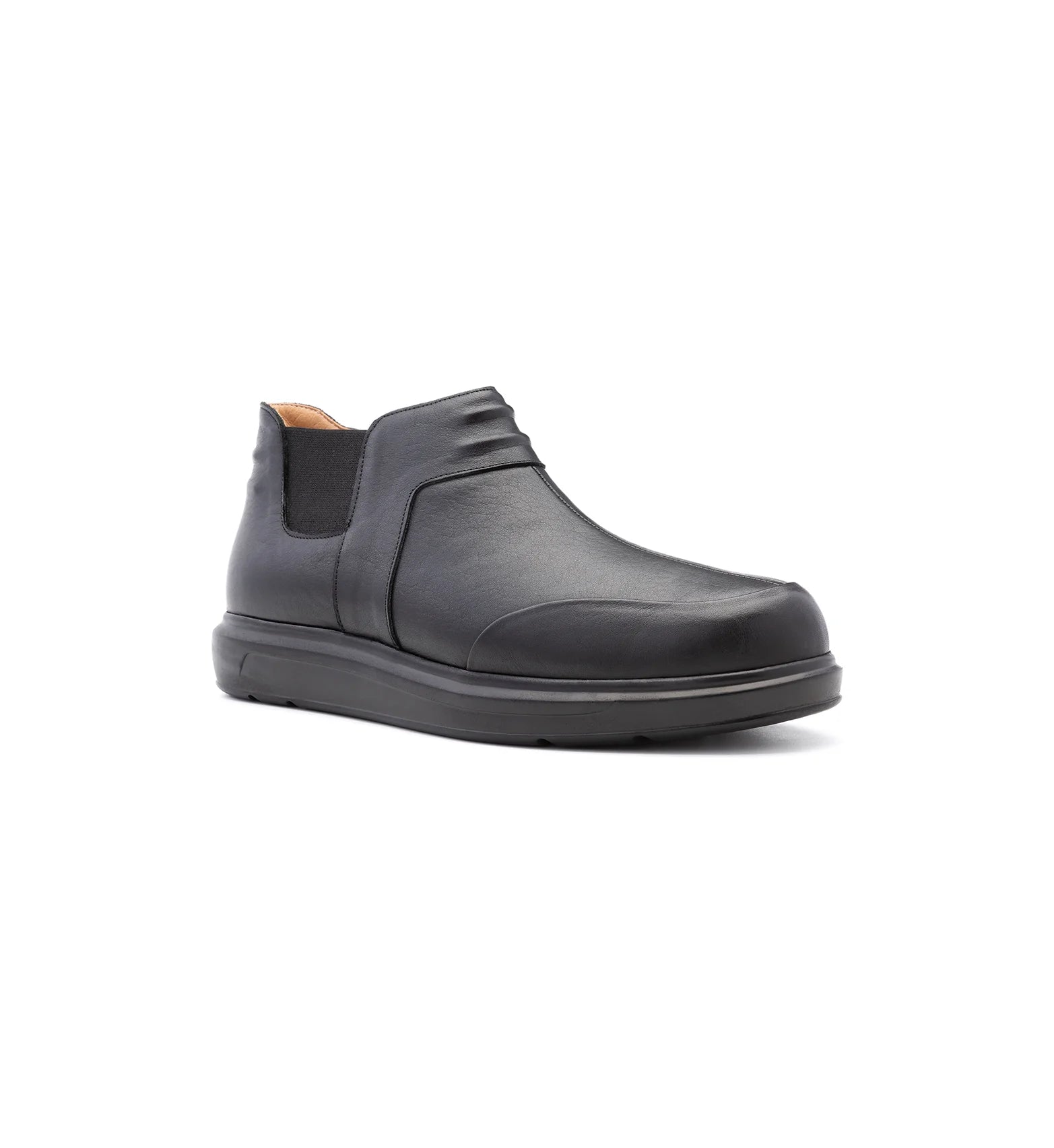 Men's black Chelsea boots with a wide fit design.