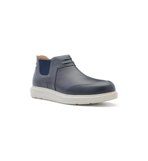 Men's navy Chelsea boots with a wide fit design.
