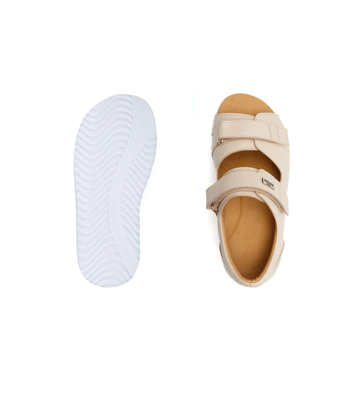 Beige Cove extra wide orthopedic sandal and white grip outsole – top view