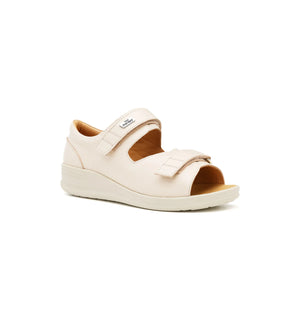 Beige Cove women’s wide fit leather orthopedic sandal with two adjustable straps, three-quarter view.
