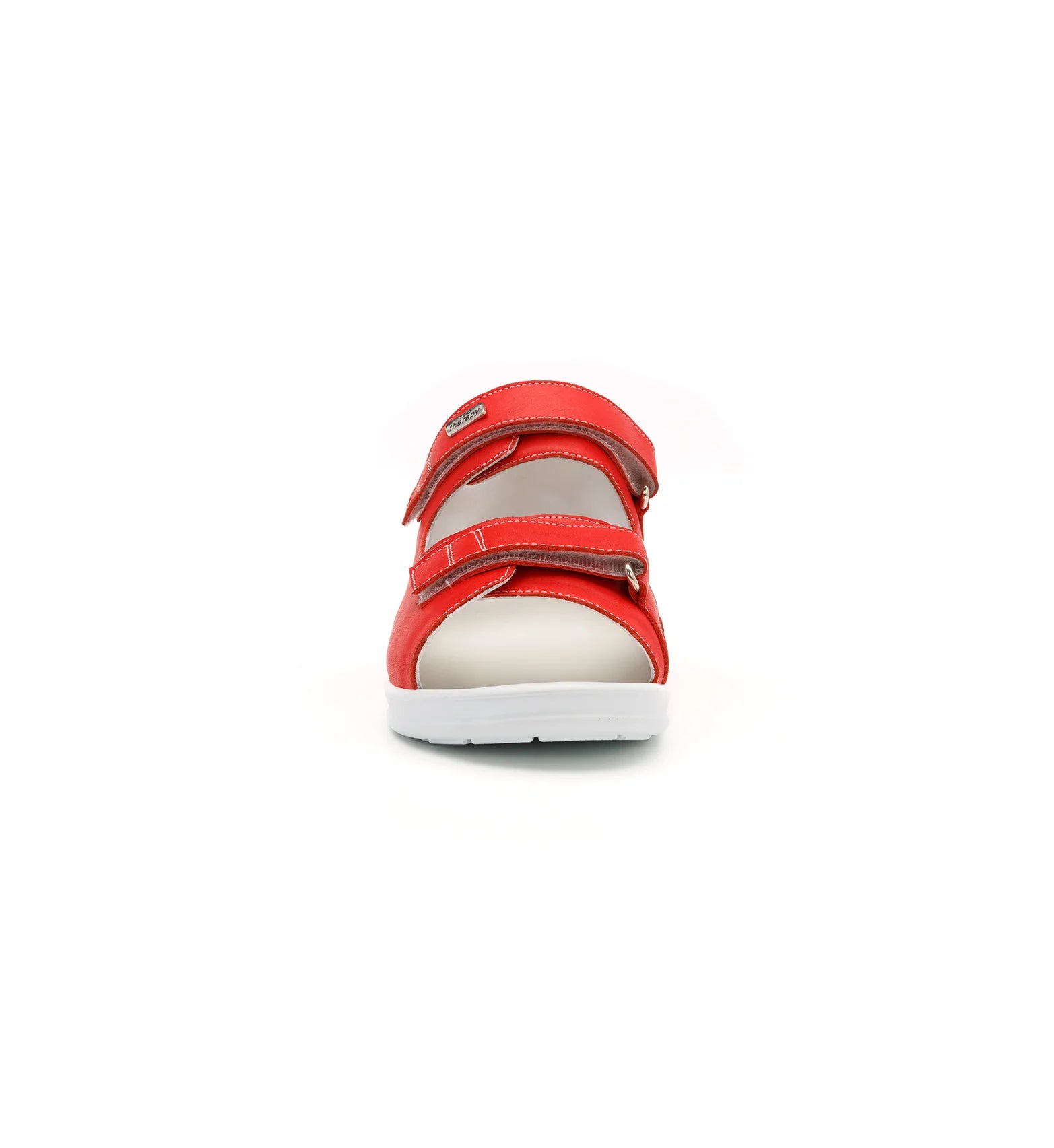 Front view of the red Cove women’s wide fit sandal showing two adjustable hook-and-loop straps.