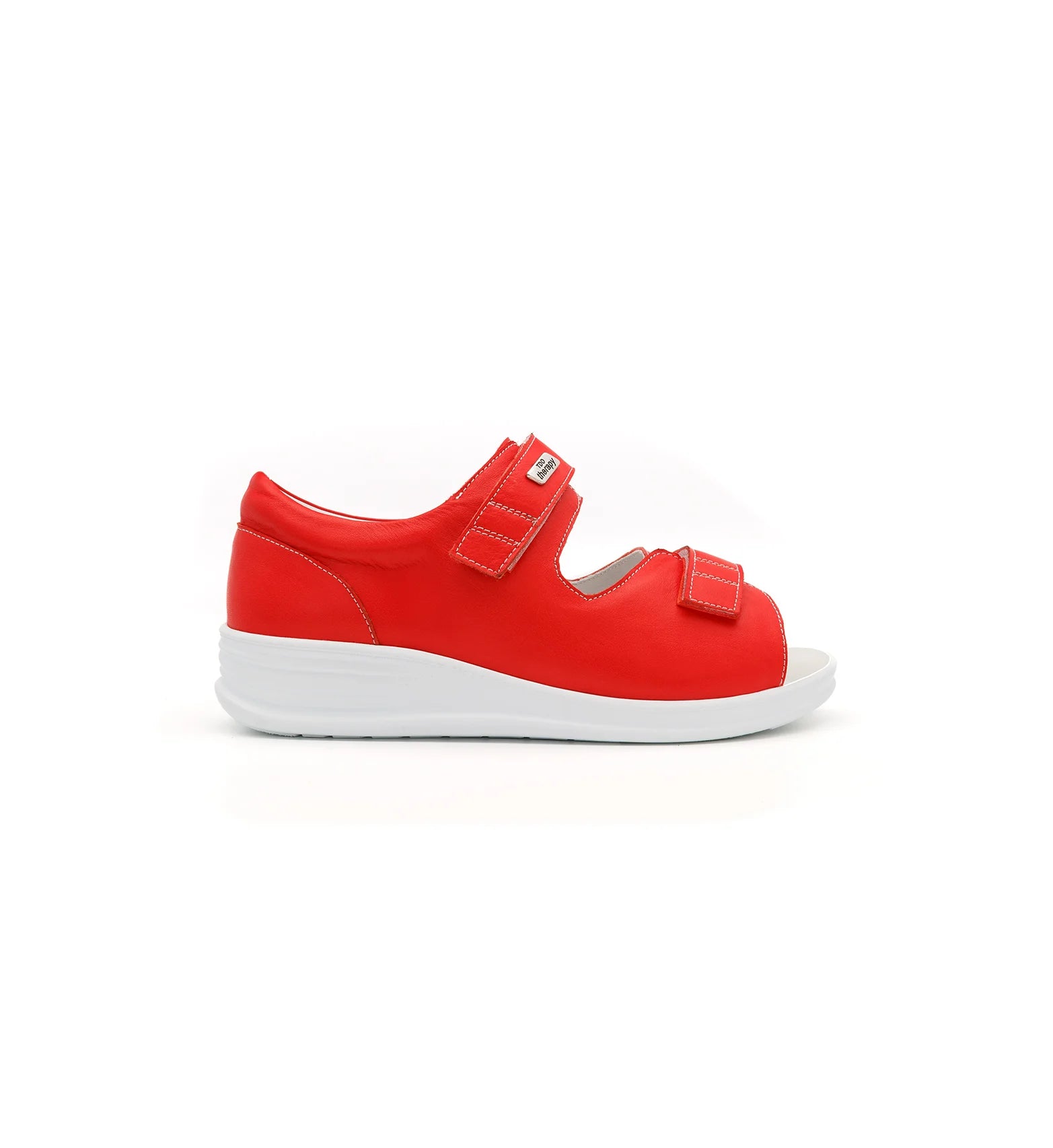 Side view of the red Cove women’s EEE wide fit orthopedic sandal with a cushioned white sole.
