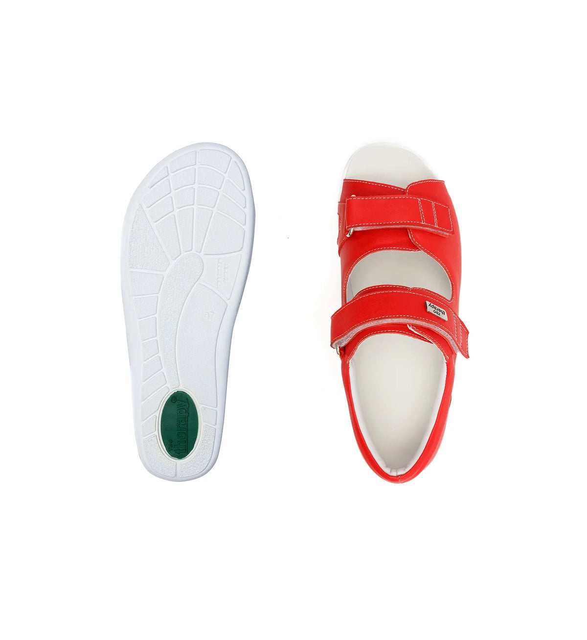Top and outsole views of the red Cove women’s wide fit orthopedic sandal.
