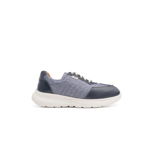 Side view of the Flex Air navy wide fit trainer showing breathable textile panels