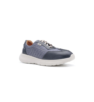 Three-quarter view of the Flex Air navy wide fit trainer with leather and textile upper