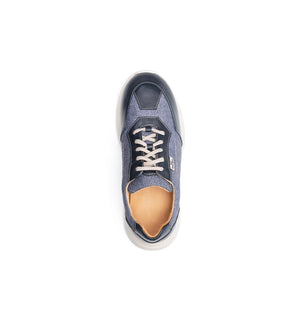 Top view of the Flex Air navy lace-up trainer with perforated leather lining