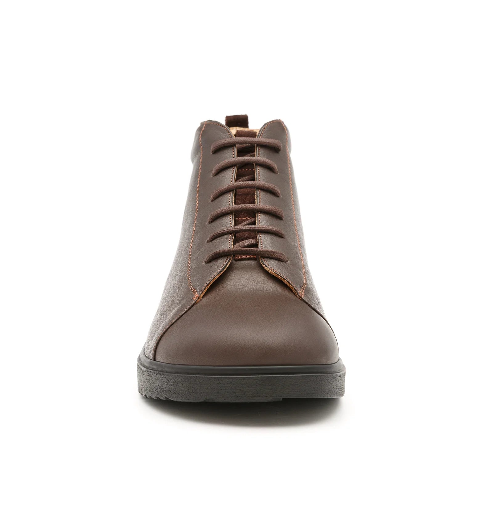 Front view of brown Forge men's extra wide and extra deep boots featuring a rocker sole and roomy forefoot.