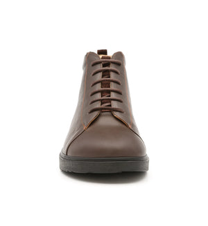 Front view of brown Forge men's extra wide and extra deep boots featuring a rocker sole and roomy forefoot.