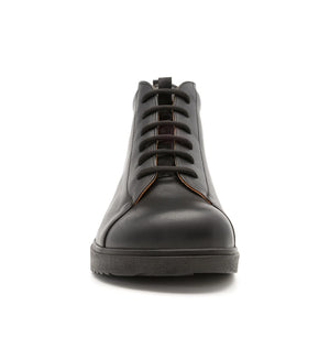 Front view of black Forge men's extra wide and extra deep orthopaedic boots featuring a rocker sole and roomy toe box.
