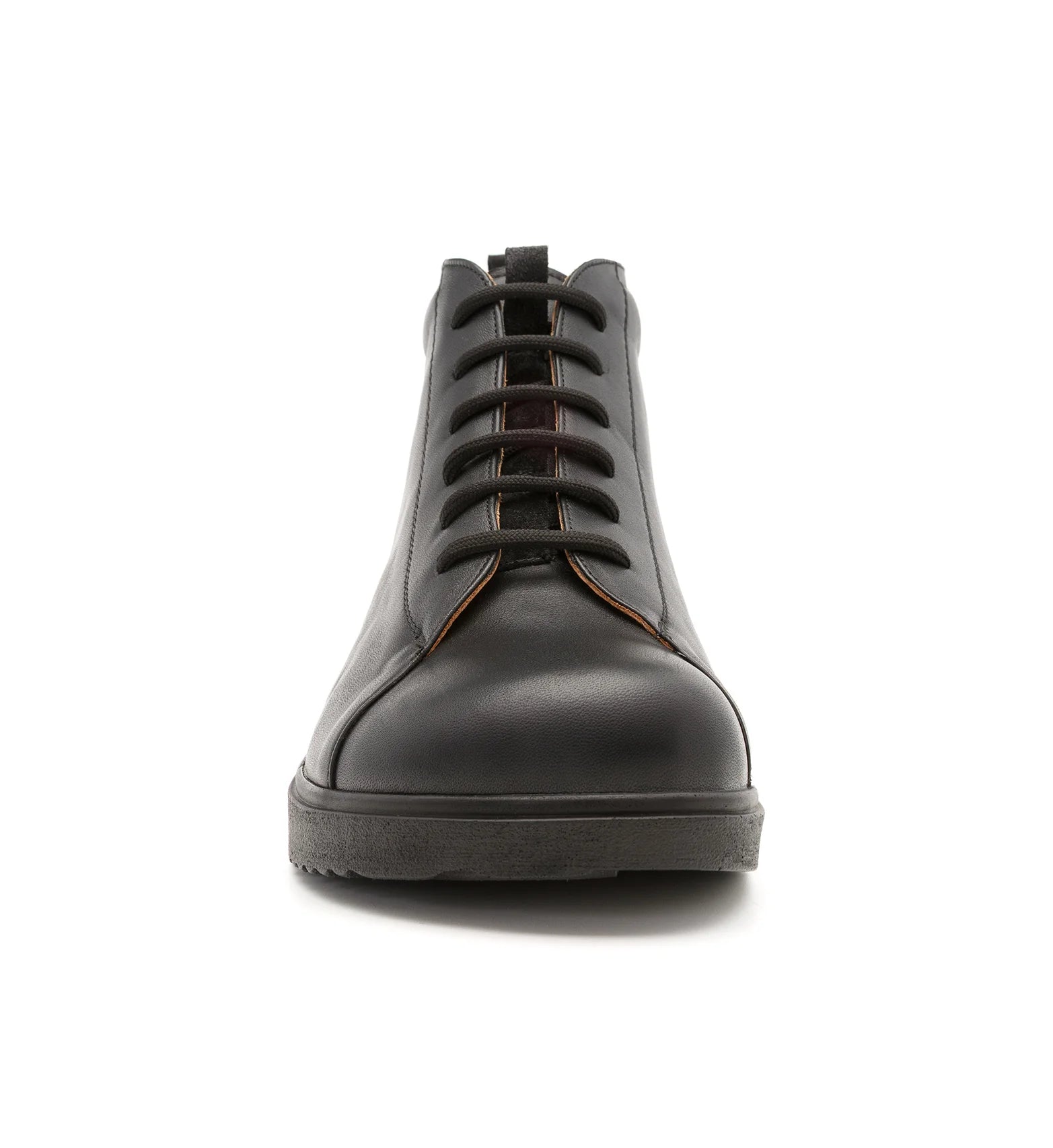 Front view of black Forge women's extra wide and extra deep orthopaedic boots featuring a supportive rocker sole and roomy toe box.
