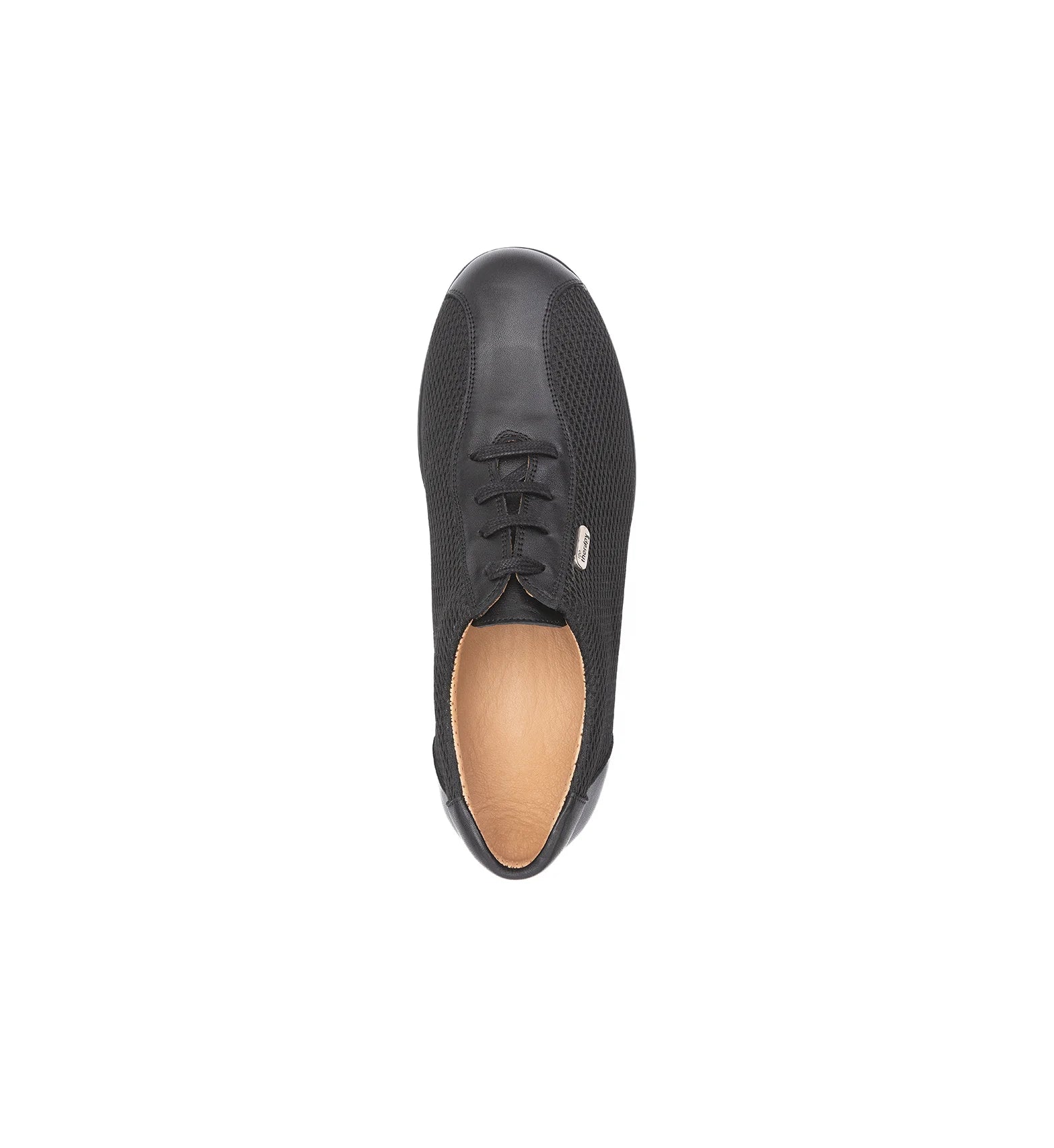 View of the removable cushioned insole inside the black men's orthopedic diabetic breathable mesh walking shoes  ideal for custom orthotics.