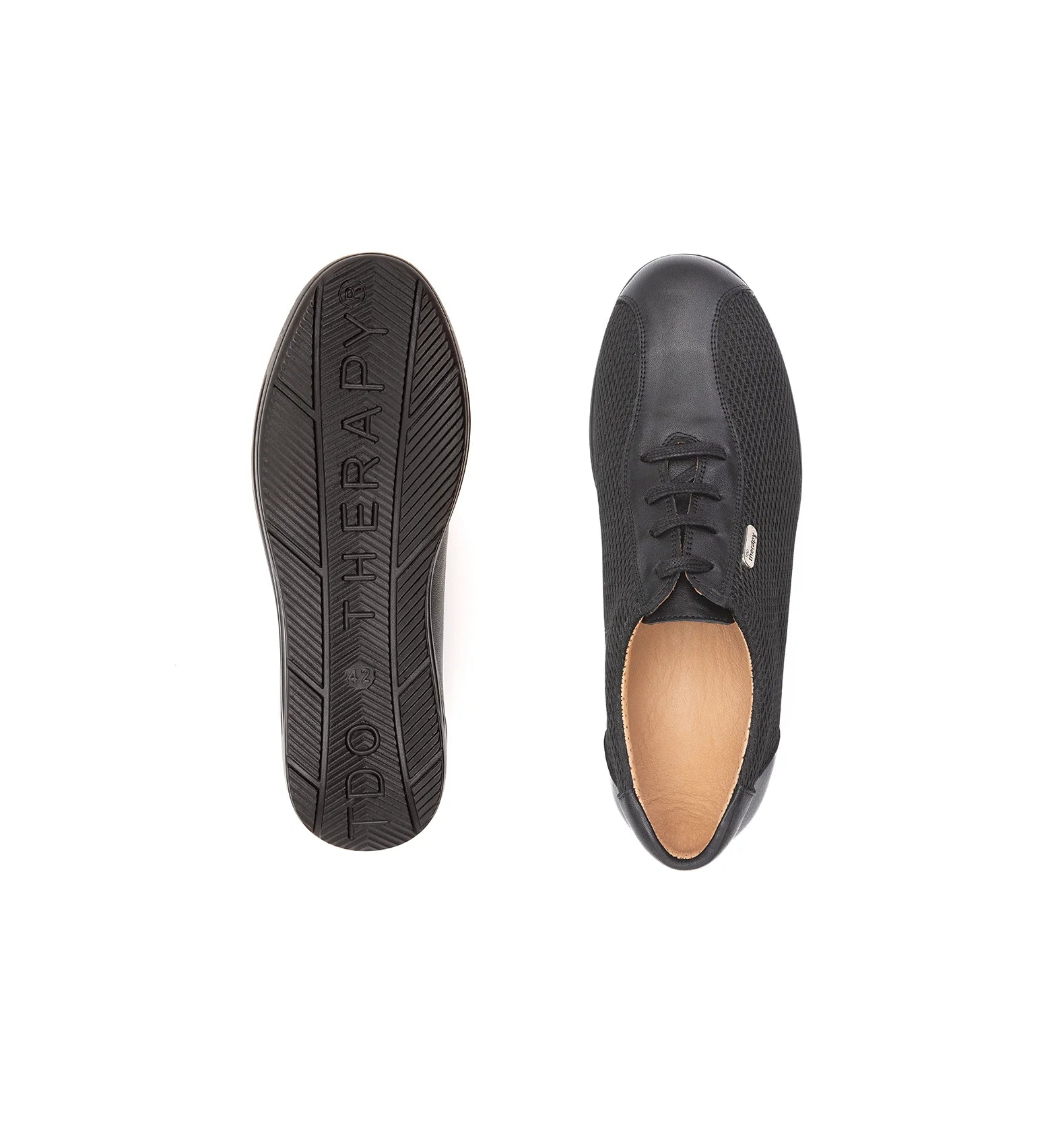 Close-up of the TDO Therapy rocker bottom sole on black men's orthopedic diabetic rocker shoes showcasing shock-absorbing features.