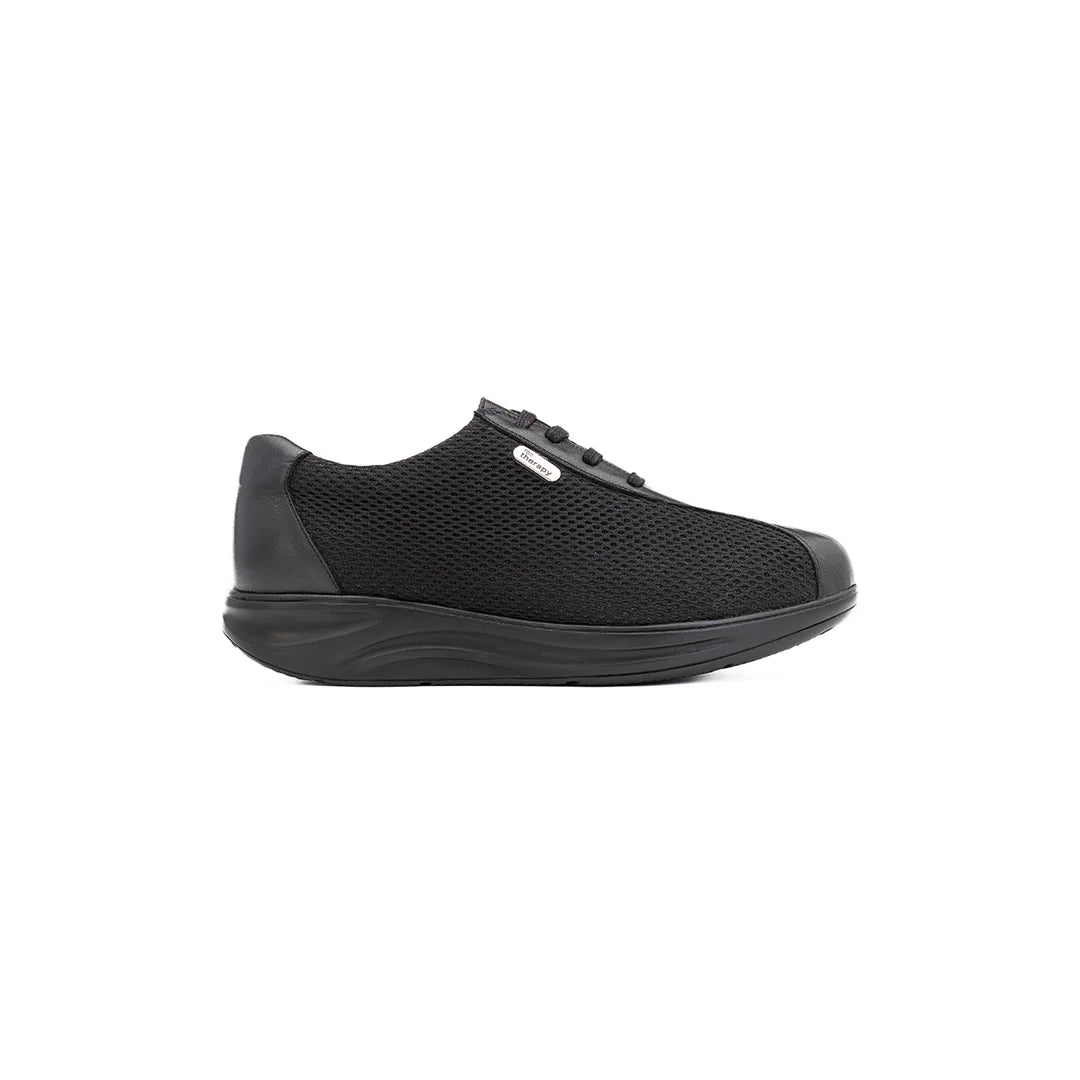 Side profile of black men's orthopedic diabetic breathable mesh wide shoes.