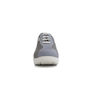 Front view of grey Glide women's mesh and leather orthopaedic shoes with a rocker sole and EE wide fit.