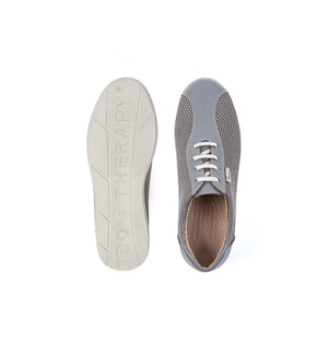 Top and outsole view of grey Glide women's mesh and leather orthopaedic shoes featuring a rocker sole and EE wide fitting