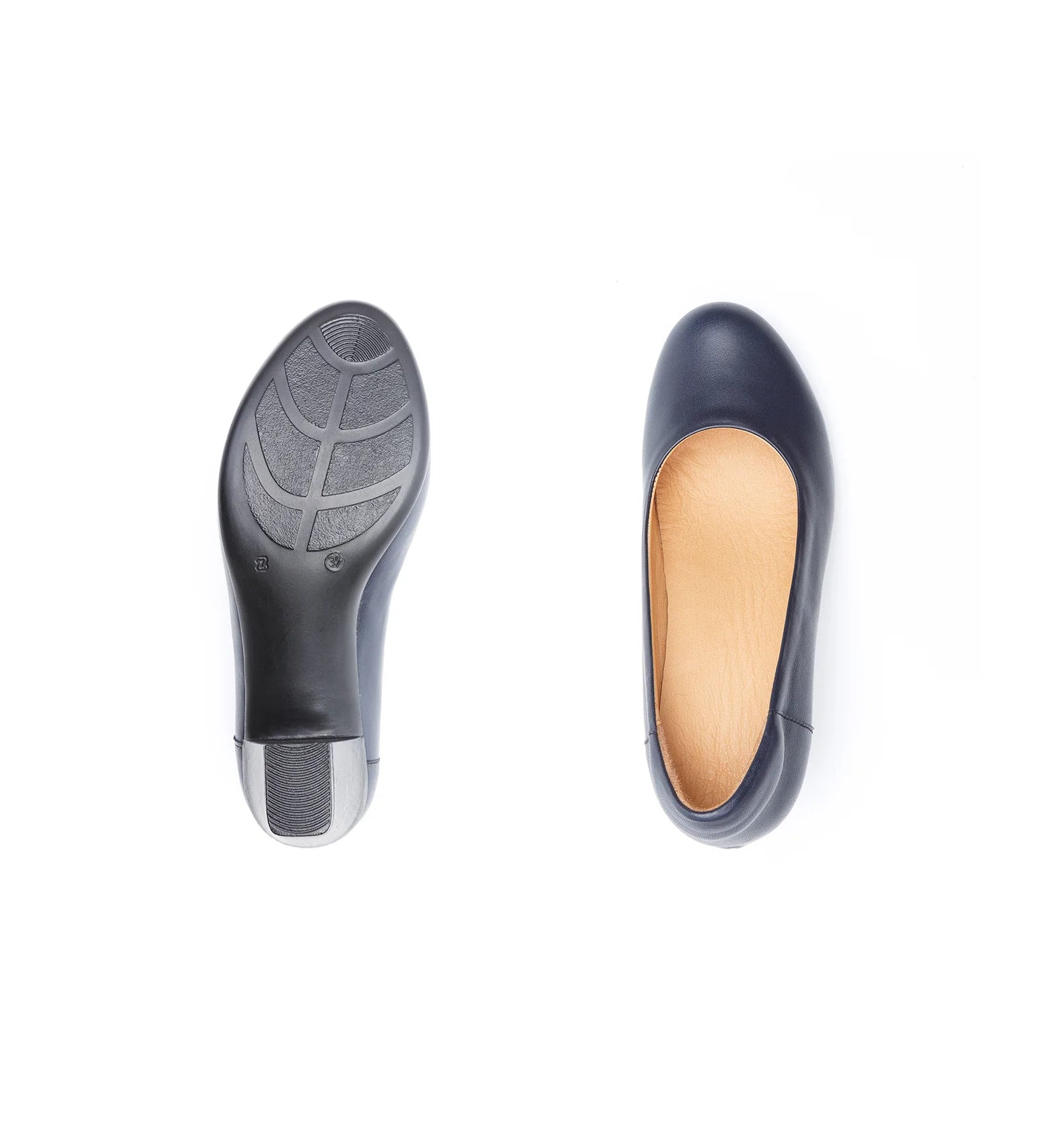 Navy wide fit women’s court shoes with rounded toe box for toe comfort.
