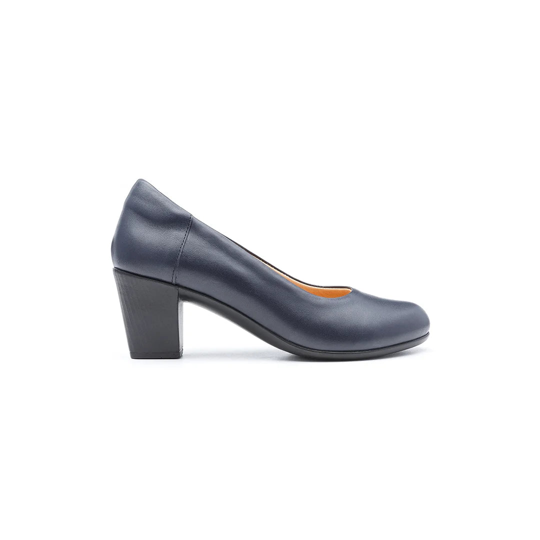 Navy orthopedic wide fit court shoes for women with stable block heel.