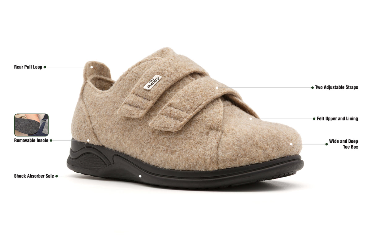 Beige Hartley felt slipper with labelled product features.