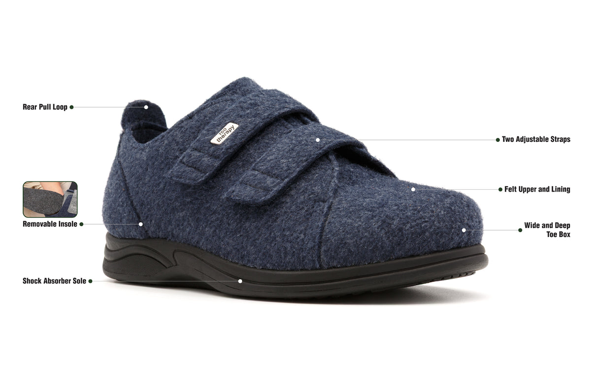 Navy Hartley felt slipper with labelled product features.
