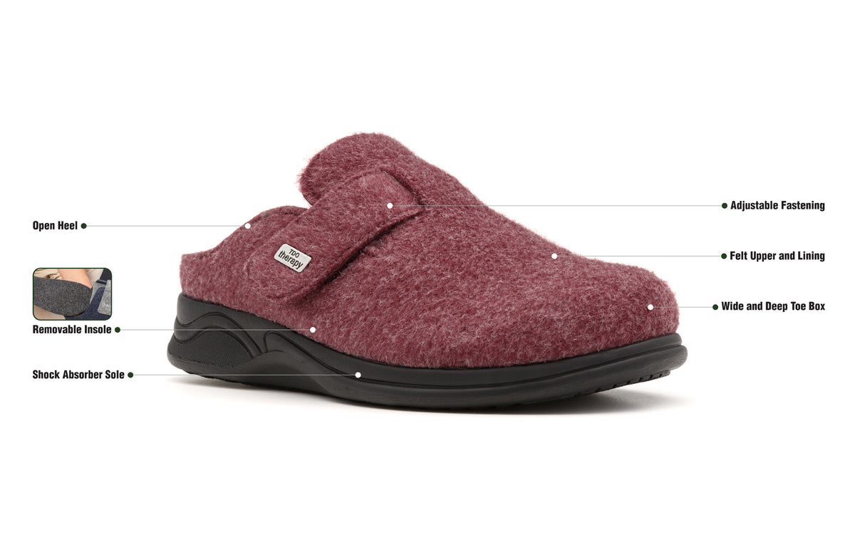 Burgundy Henley felt slipper with labelled product features.