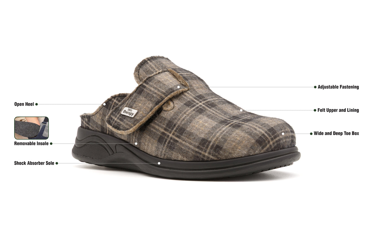 Checked Henley felt slipper with labelled product features.