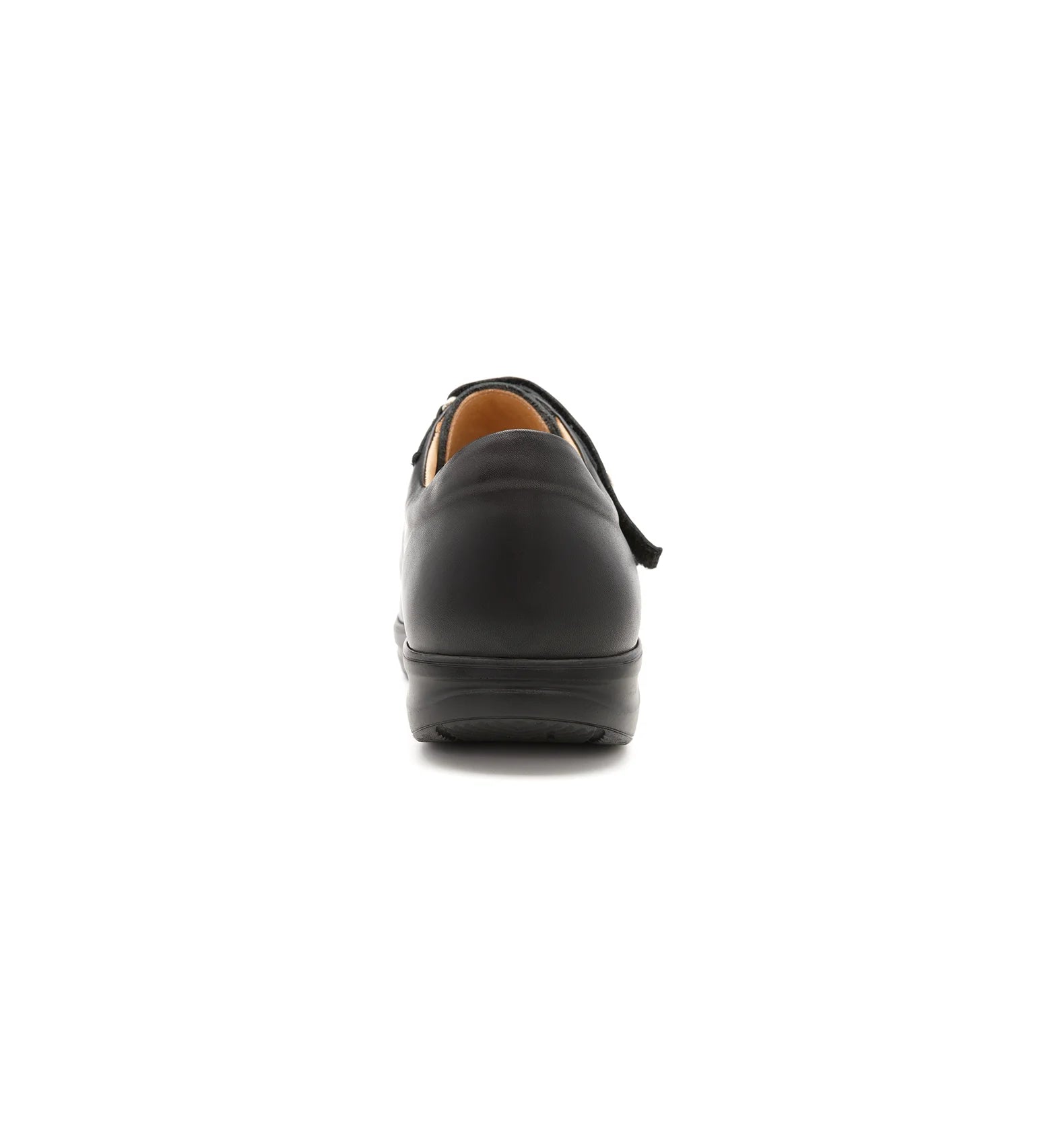 Rear view of Kendal black leather wide fit orthopaedic shoes.