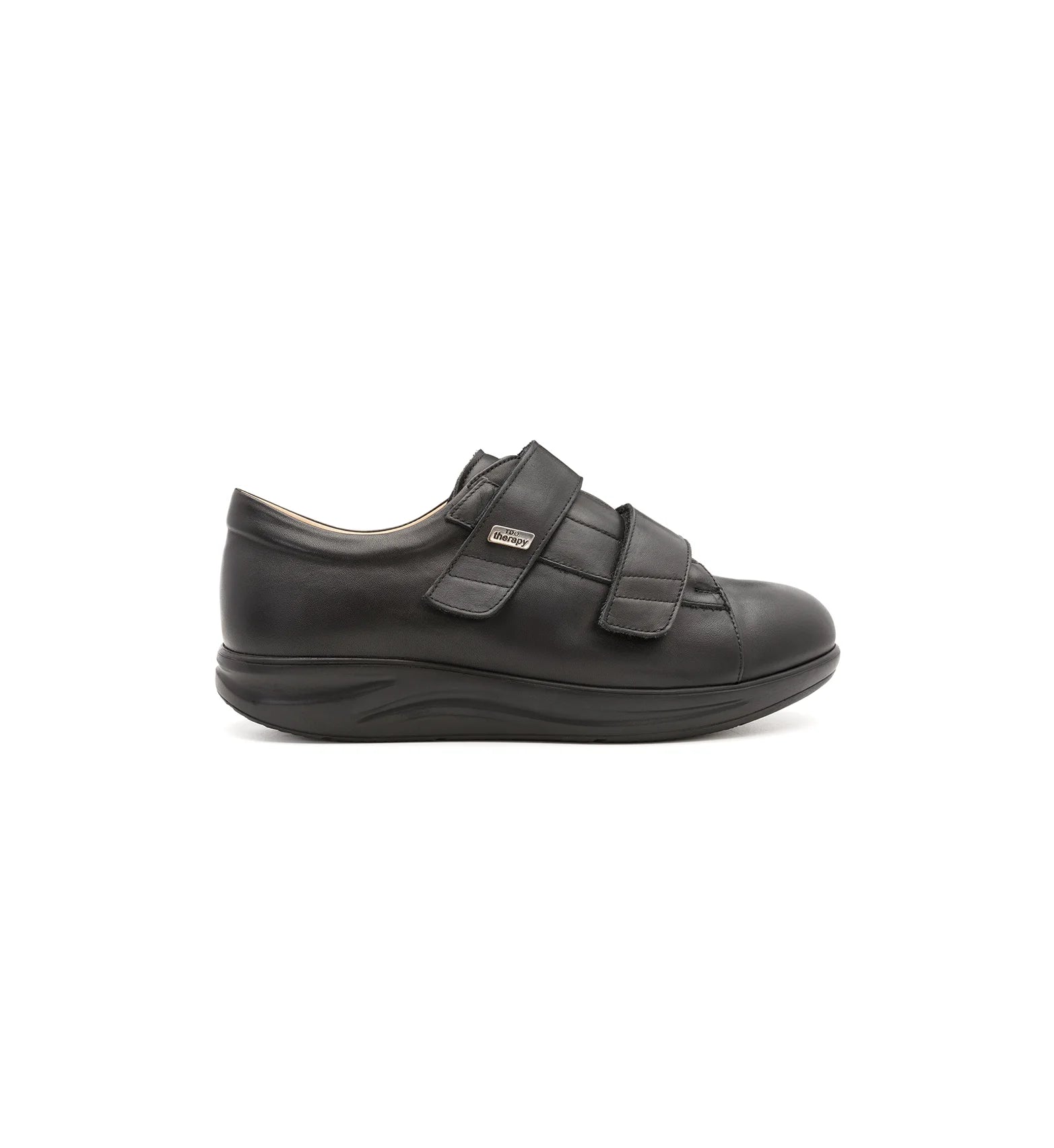Side view of Kendal black leather wide fit orthopaedic shoes with dual adjustable straps.