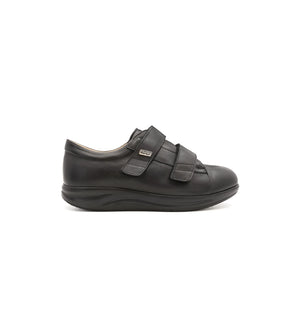 Side view of Kendal black leather wide fit orthopaedic shoes with dual adjustable straps.