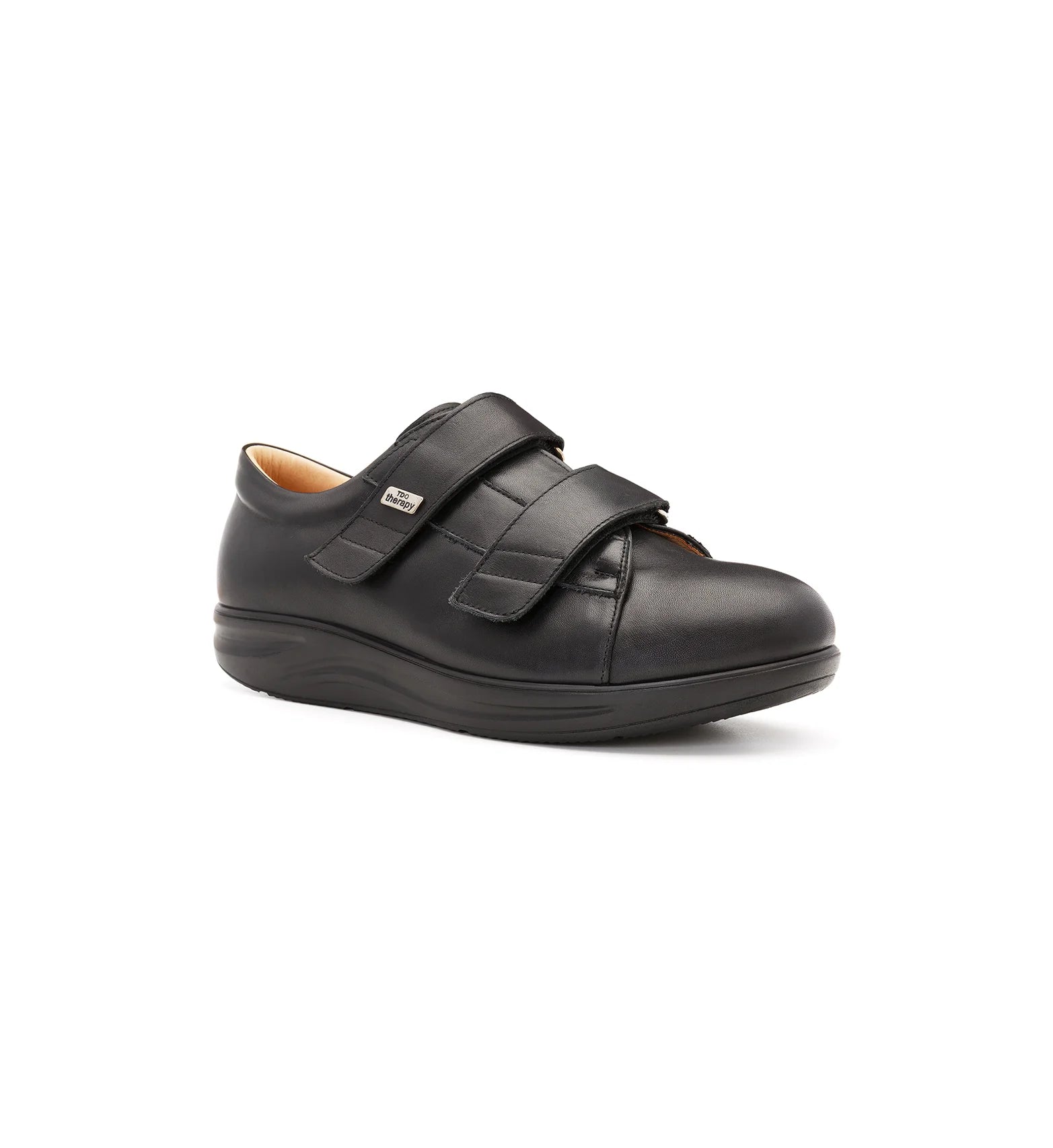 Kendal black leather wide fit orthopaedic shoes with dual adjustable straps, three-quarter view.