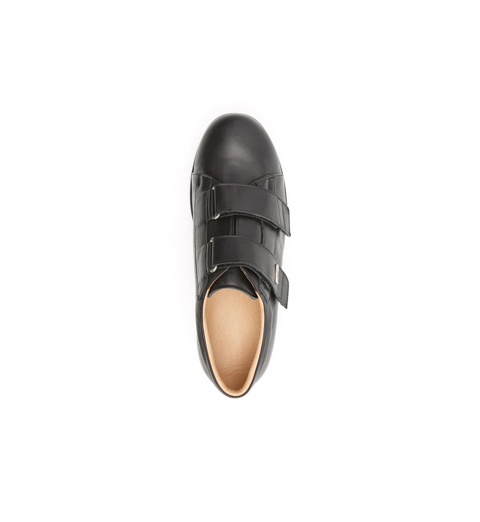 Top view of Kendal black leather wide fit orthopaedic shoes with two hook-and-loop straps.