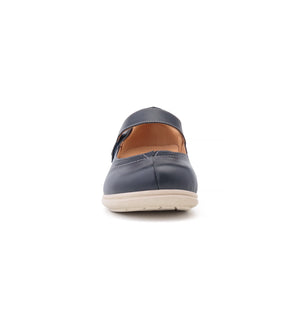 Front view of navy Lily women's Mary Jane shoes featuring a wide toe box, seamless lining and comfortable supportive fit.