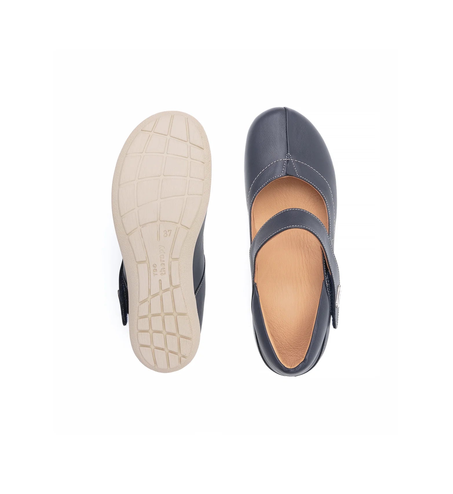 Top and outsole view of navy Lily women's wide fit Mary Jane shoes with a removable cushioned insole, seamless lining and roomy toe box.