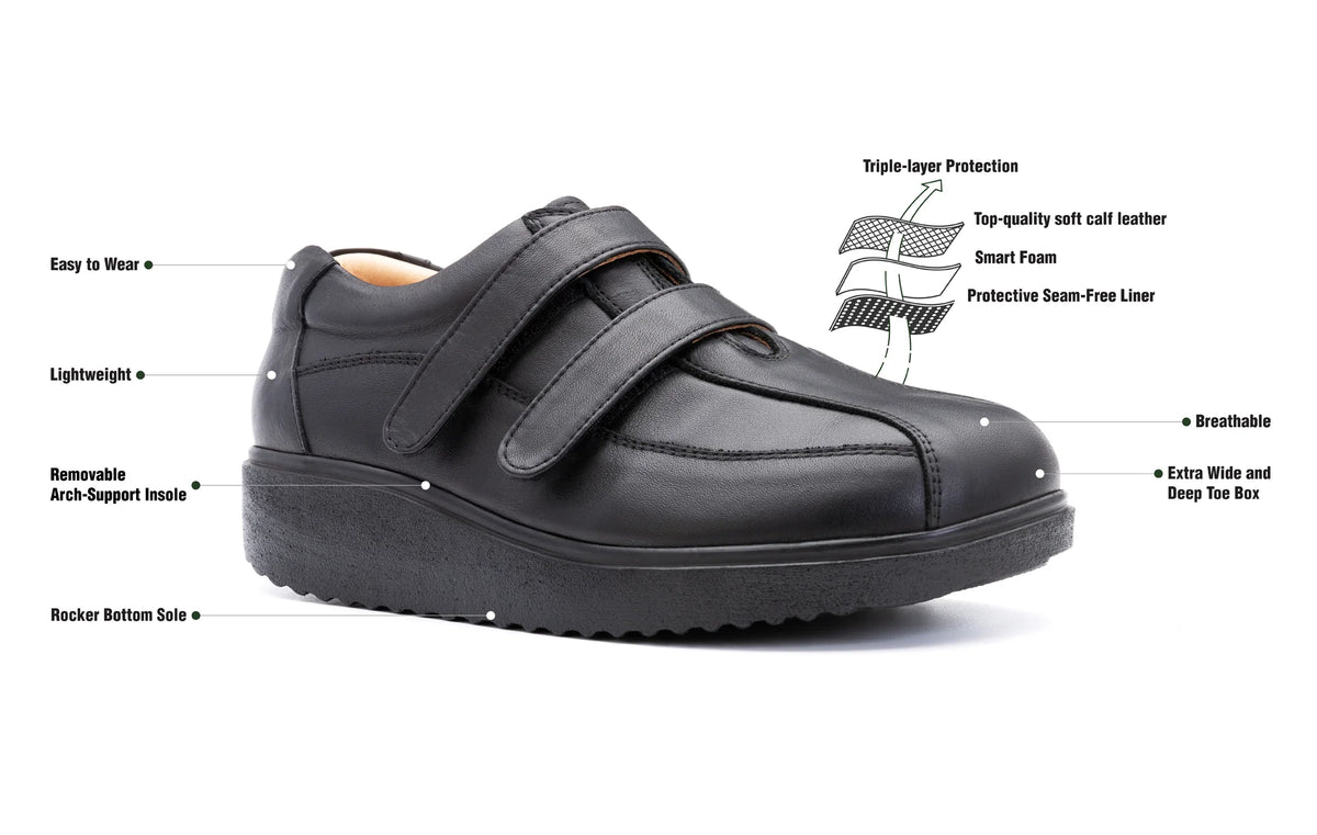 Marlow extra wide orthopaedic trainers with labelled fit and construction features