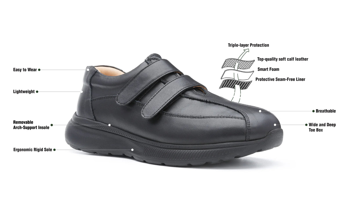 Marlow men's wide fit orthopaedic trainers with labelled fit and construction features