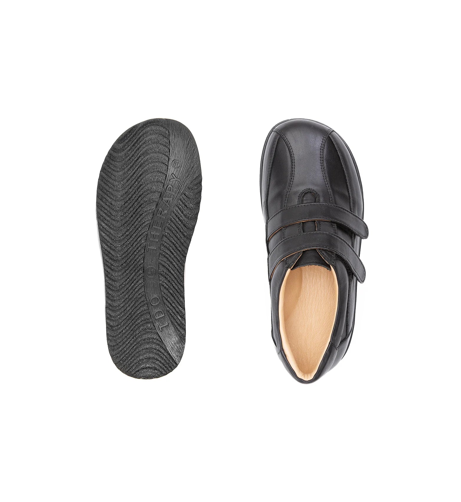 Women’s extra wide fit orthopedic diabetic trainers in black leather with double Velcro straps – Marlow footwear.