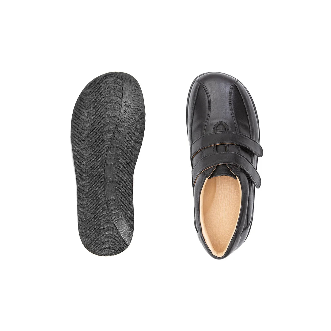 Women’s extra wide fit orthopedic diabetic trainers in black leather with double Velcro straps – Marlow footwear.