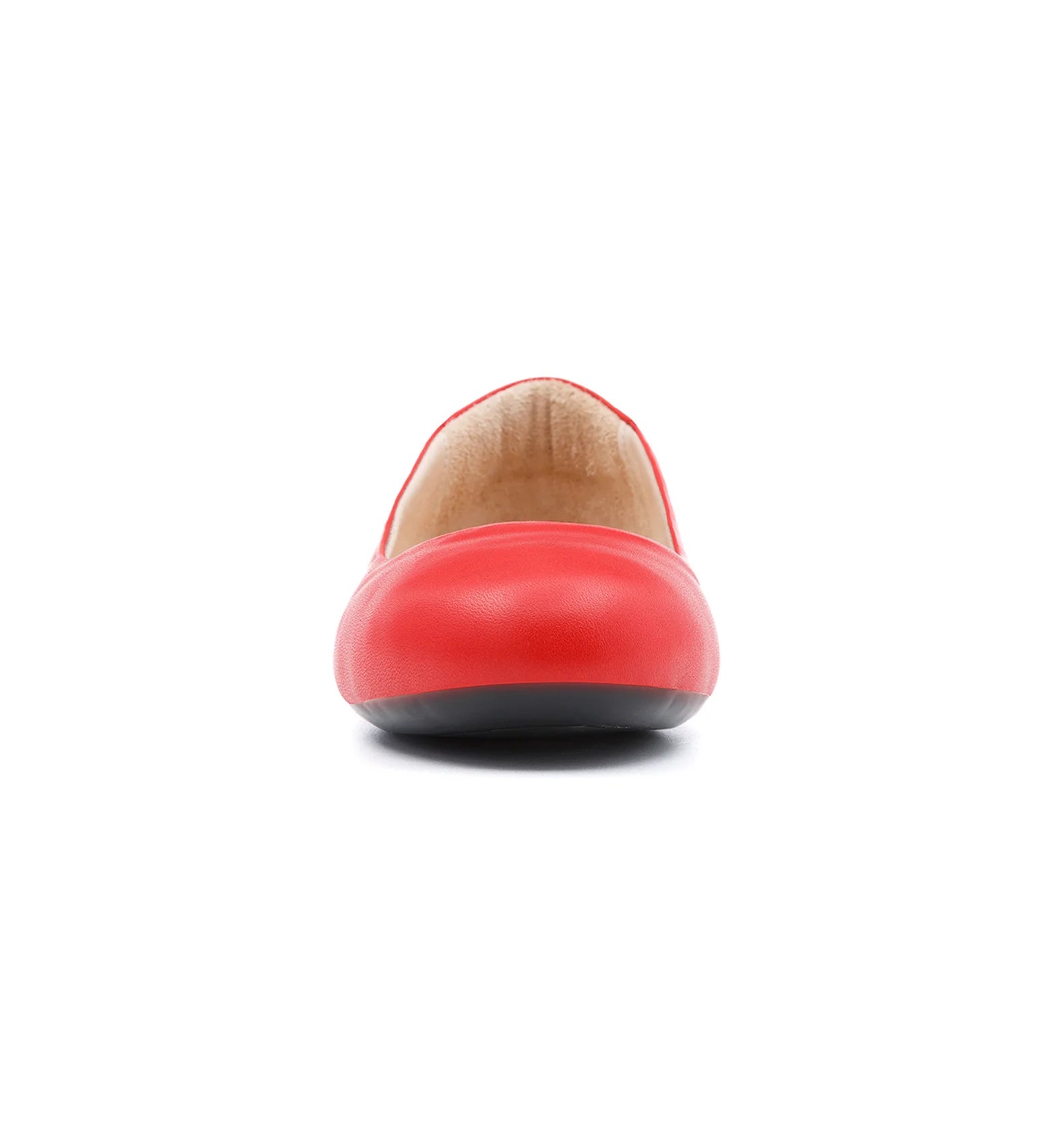 Women's red flat shoes with a wide toe box.