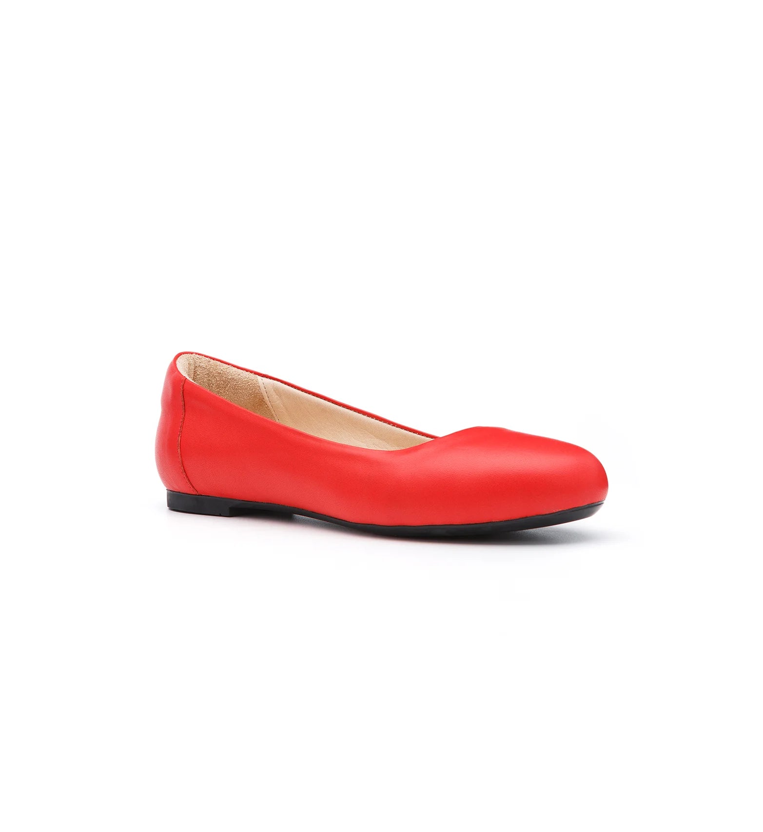 Women’s red leather wide fit ballet flats with stable design and supportive cushioning.