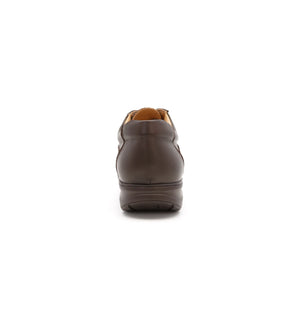 Rear view of men's brown orthopedic shoes showing a stable heel design and supportive walking platform.