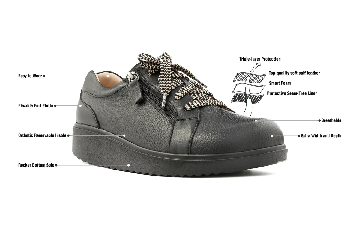 Men's extra-wide orthopedic shoe with a rocker bottom sole, featuring both zip and lace closure for ease of use and adjustable fit.