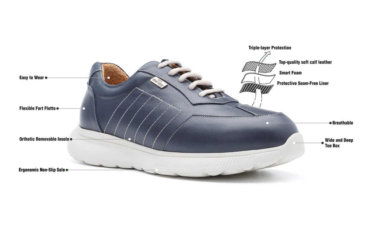 Side view of men’s navy orthopaedic diabetic trainer showing lightweight construction and supportive sole for everyday walking