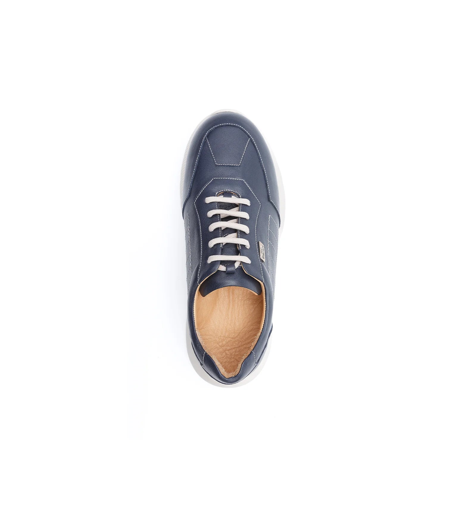 Top view of men’s navy orthopaedic diabetic trainer with lace up design and soft leather upper for sensitive feet