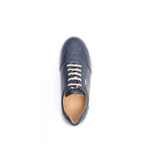 Top view of men’s navy orthopaedic diabetic trainer with lace up design and soft leather upper for sensitive feet