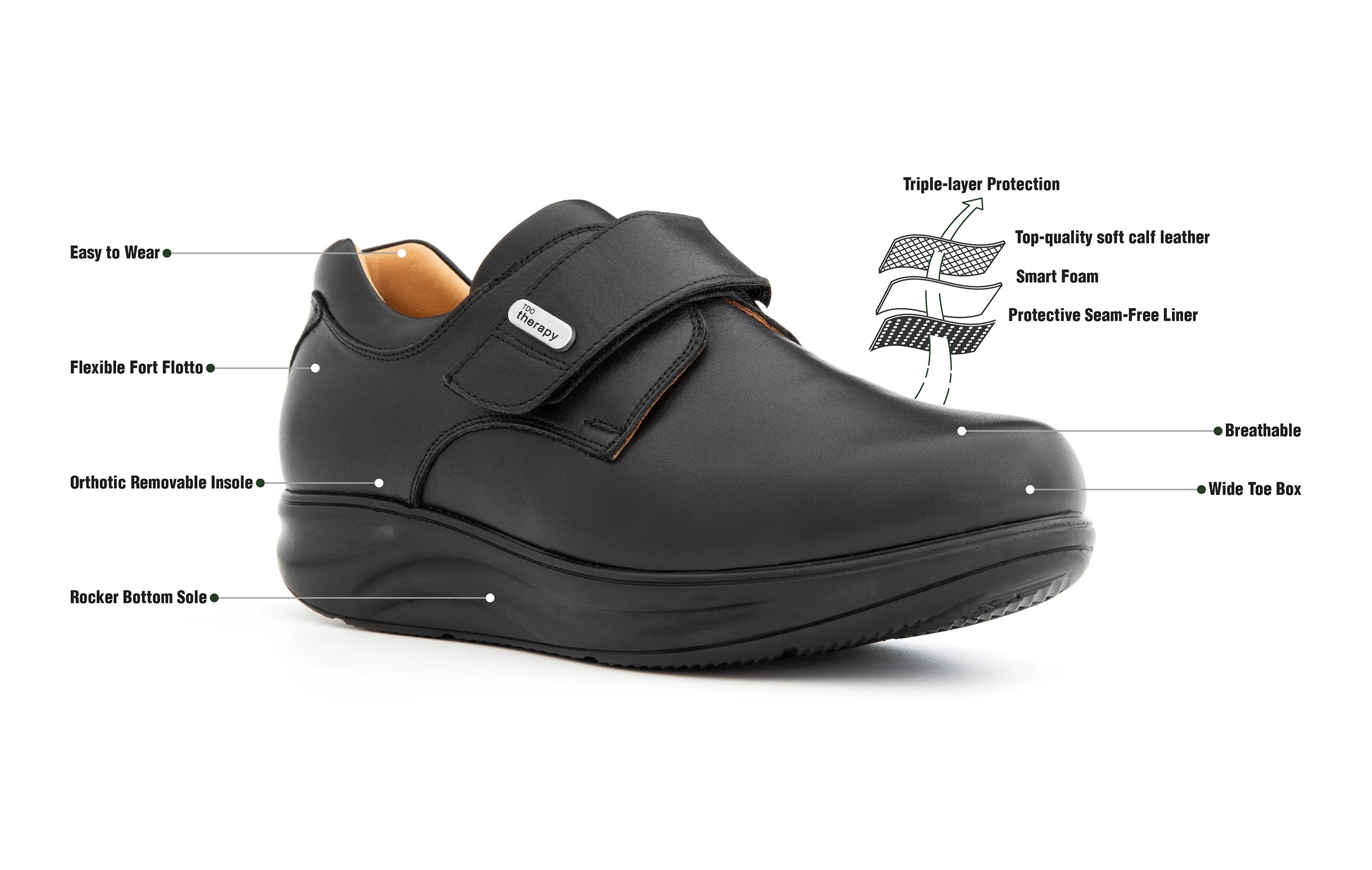 Men`s orthopedic shoe with a rocker bottom sole, regular fitting, and a single strap for secure fastening.