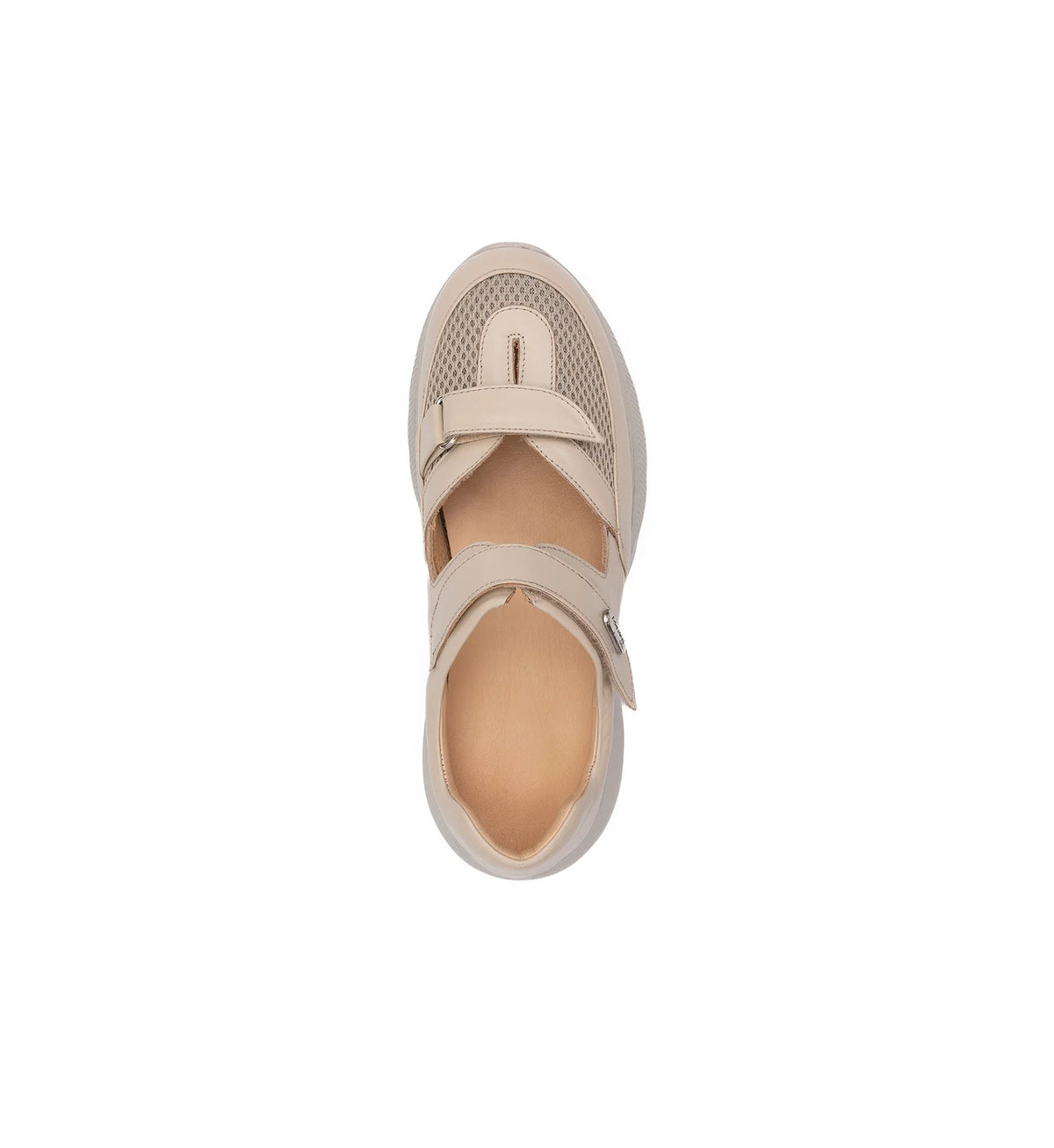 Mira women's beige 4E wide fit shoe – top view showing adjustable straps and mesh