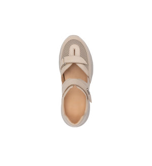 Mira women's beige 4E wide fit shoe – top view showing adjustable straps and mesh