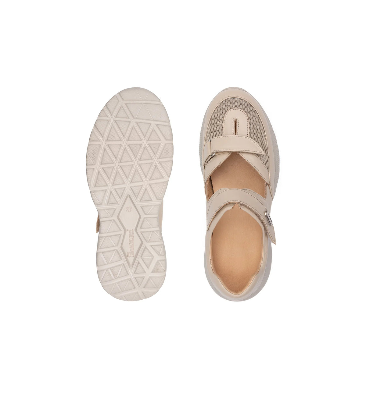 Mira women's beige wide fit shoe – top and outsole views