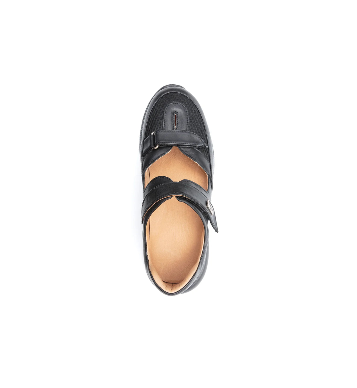 Mira women's black 4E wide fit shoe – top view showing adjustable straps and mesh