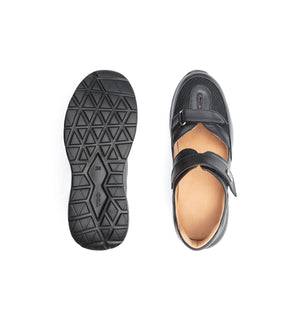 Mira women's black wide fit shoe – top and outsole views